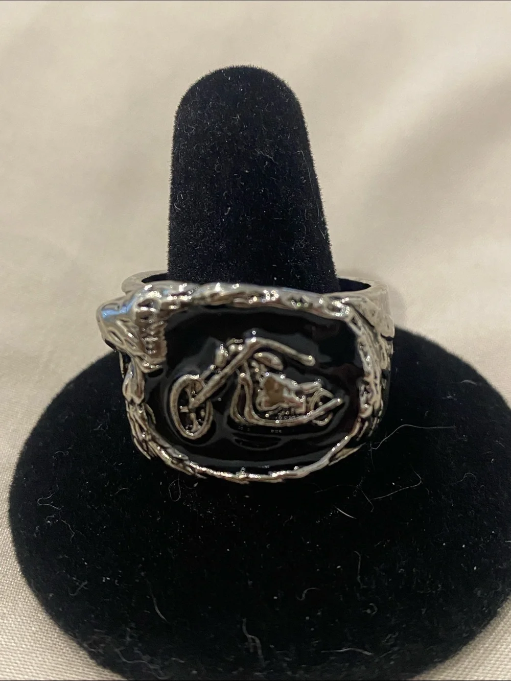 Silver-Tone Men's Motorcycle Emblem Ring in Black Enamel